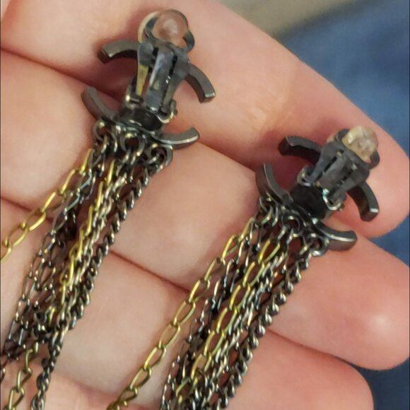 Chanel Clip-on Earrings Gunmetal and Gold Chain Interlocking CC's - Picture 11 of 16
